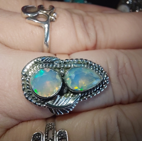 Ethiopian Opal Teardrop & Round Cut Sterling Silver Statement Ring - Picture 10 of 16